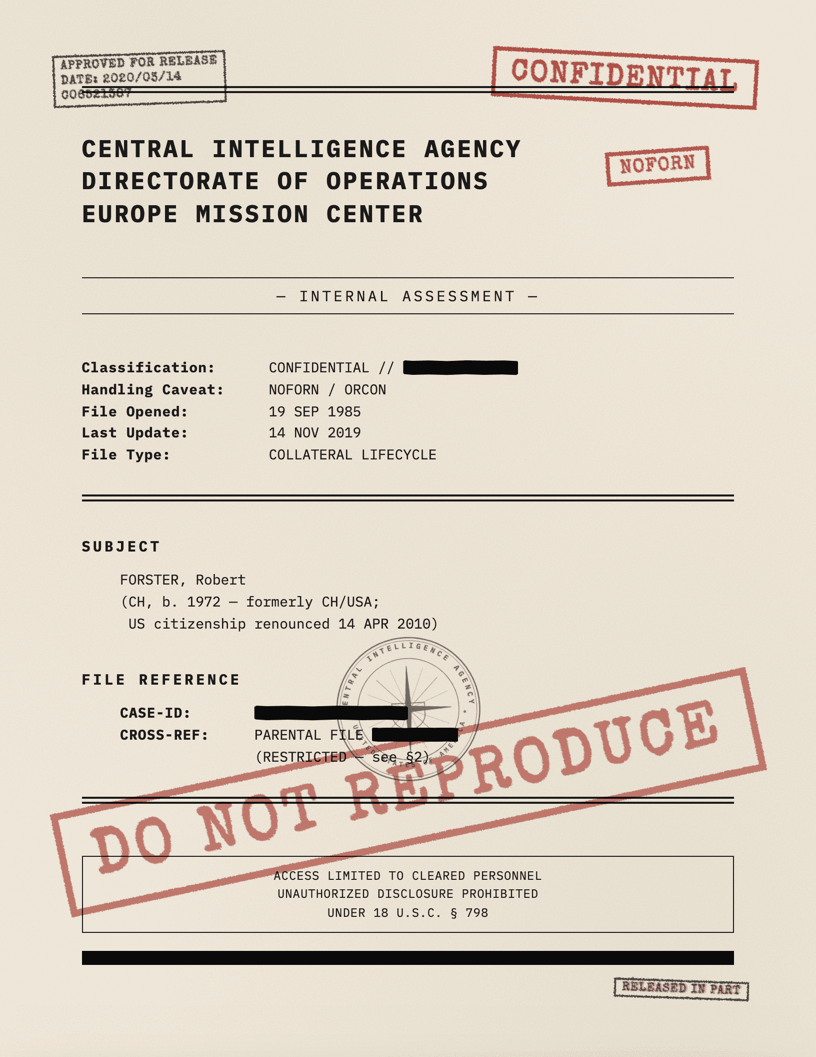 Akte Robert Forster — CIA Internal Assessment, Deckblatt